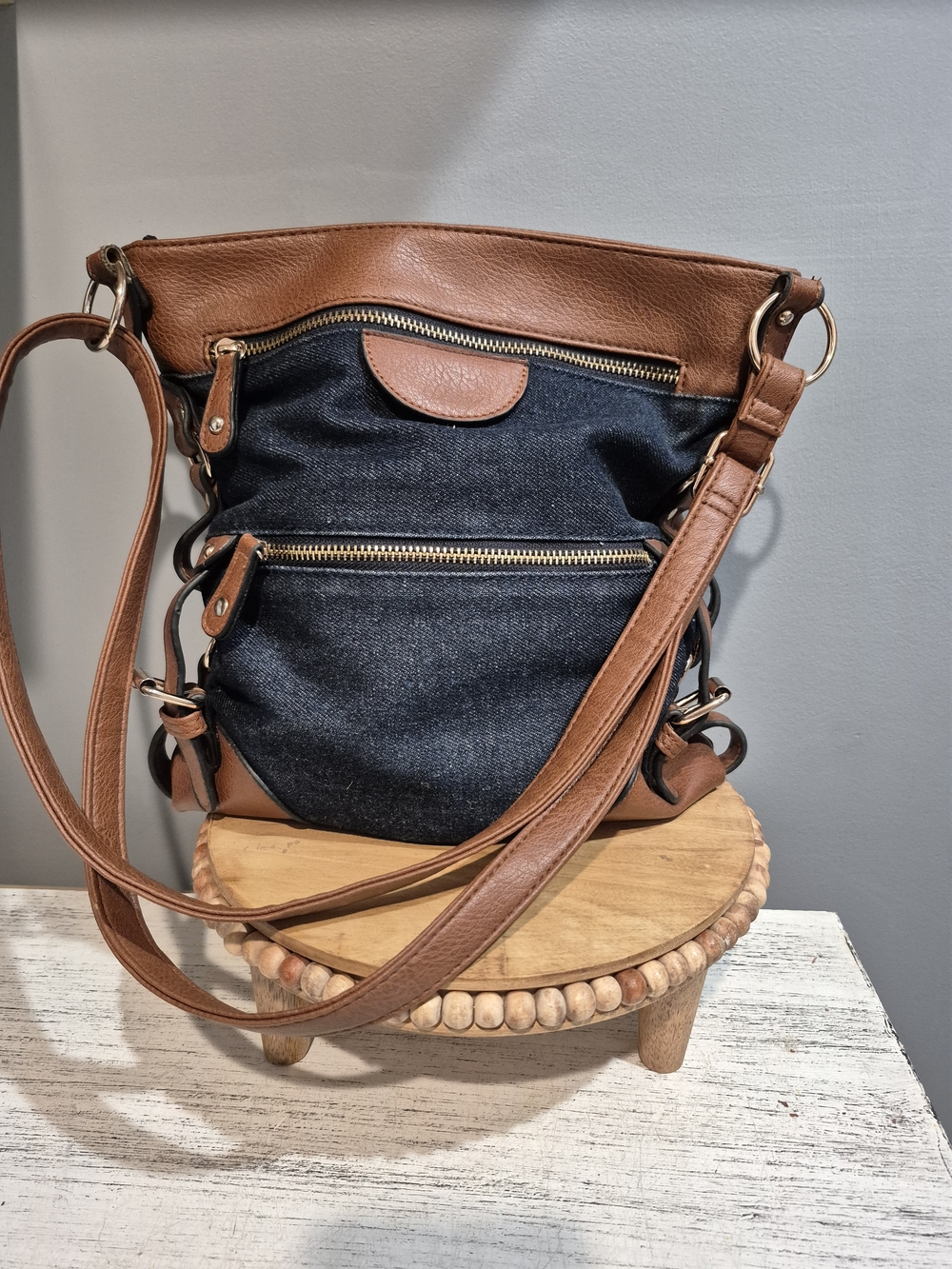 Women’s Crossbody/Shoulder Bag in Dark Blue Denim and Brown Faux Leather